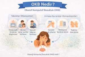 OKB nedir sorusunu açıklayan, obsesyon ve kompulsiyon örneklerini gösteren görsel