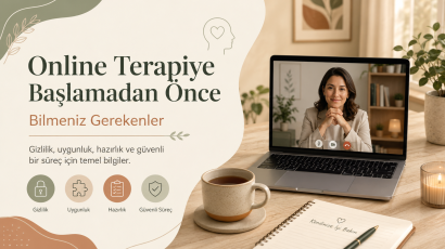 Online terapiye başlamadan önce bilinmesi gerekenleri anlatan psikoloji blog kapak görseli. Görselde bilgisayar ekranı, not defteri ve sakin bir terapi ortamı yer almaktadır.