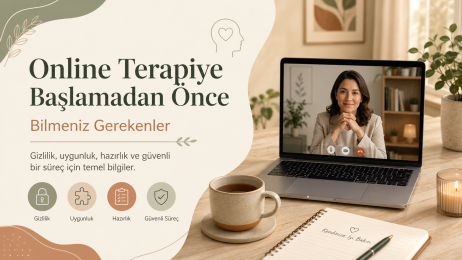 Online terapiye başlamadan önce bilinmesi gerekenleri anlatan psikoloji blog kapak görseli. Görselde bilgisayar ekranı, not defteri ve sakin bir terapi ortamı yer almaktadır.
