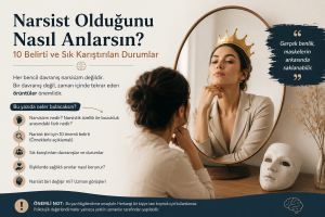 Narsist belirtilerini özetleyen psikoloji infografiği. Aynaya bakan bir kadın ve narsisizmin temel özelliklerini açıklayan bilgi kutuları.