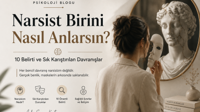 Narsist belirtilerini anlatan psikoloji blogu kapak görseli. Aynaya bakan bir kişi, maske ve çatlak heykel yansımasıyla narsisizm temasını sembolik olarak yansıtmaktadır.