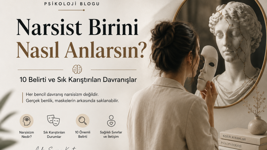 Narsist belirtilerini anlatan psikoloji blogu kapak görseli. Aynaya bakan bir kişi, maske ve çatlak heykel yansımasıyla narsisizm temasını sembolik olarak yansıtmaktadır.