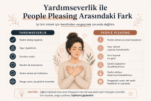 Yardımseverlik ile people pleasing arasındaki farkları anlatan psikoloji infografiği. Görselde sağlıklı yardımseverlik, hayır diyebilmek, sınır koymak ve sürekli insanları memnun etme çabası karşılaştırılmaktadır.